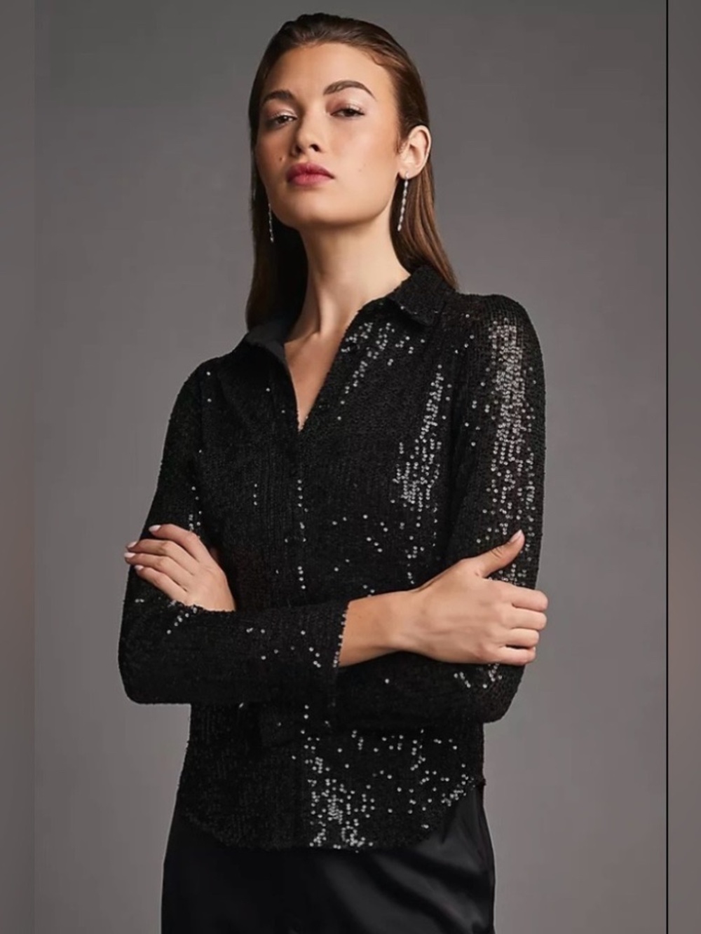 Anthropology Sunday in Brooklyn Black Sequin Button-Up Blouse